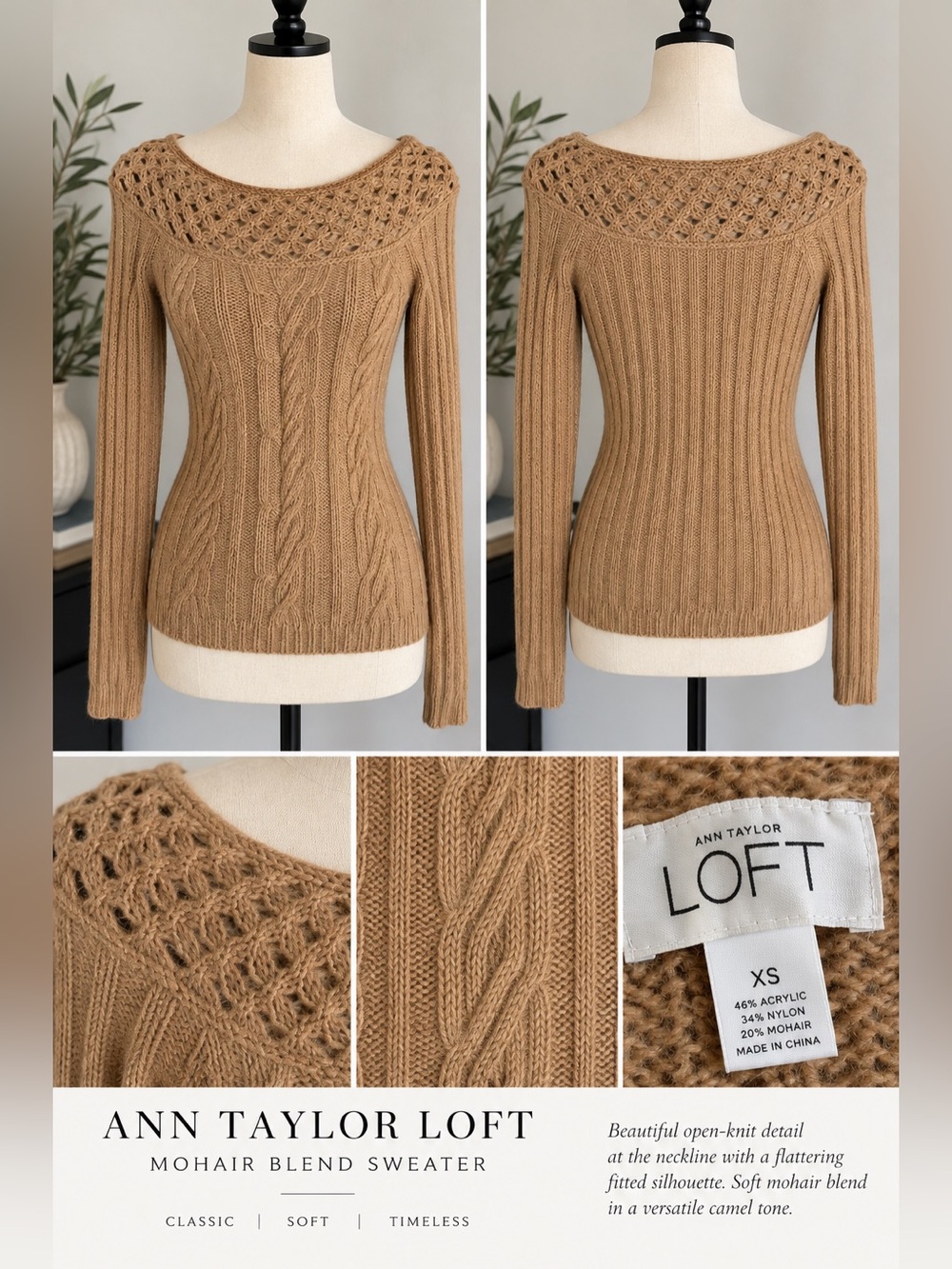 Ann Taylor LOFT Mohair Blend Cable Knit Sweater Camel XS